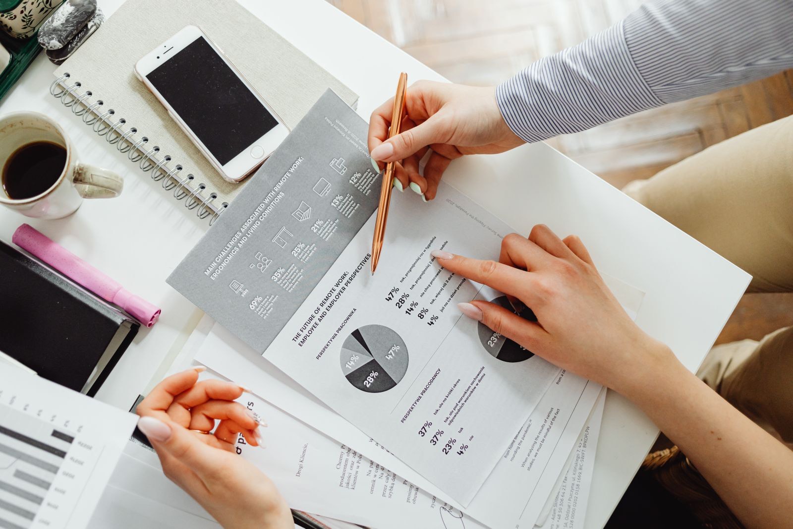 Two people going over printed charts and a pie chart